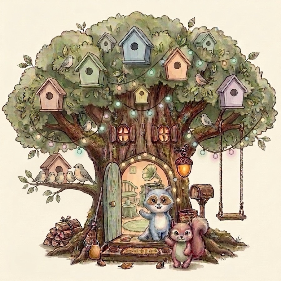 Der Hausbaum im Summwald, ein großer Baum mit vielen kleinen Häusern in den Ästen.