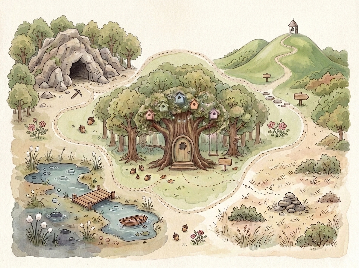 Gemalte Karte von Tikatakatal: in der Mitte der Summwald mit dem Hausbaum, oben links die Hallhoehle, oben rechts der Bimbamberg, unten links das Schmatzmoor, unten rechts die Raschelheide.
